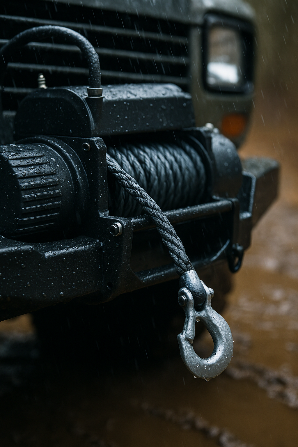 Close-up of a Badland winch with synthetic rope and metal hook mounted on an off-road vehicle in rainy muddy conditions.